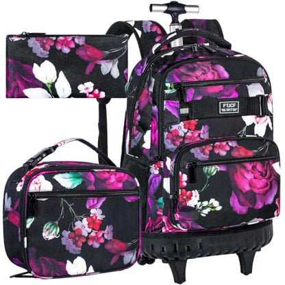 3Pcs Rolling Backpack for Girls, 19 Inche Rose Roller Bag with Wheels, Adults Wheeled Bookbag Set for Women(Black) - color: Rose Black02