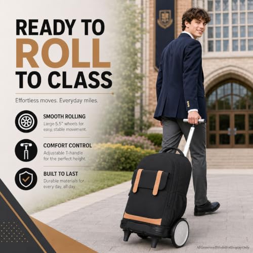 KLFVB Rolling Backpack with Big Quiet-Glide Wheels, 3-in-1 Wheeled Commuter Set with Lunch Bag | Water-Resistant Roller Bag for Men & Women, Work, Travel, School - Black