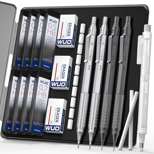 WUO Mechanical Pencils Set, 4-Pack 0.5mm & 0.7mm Metal Drafting Pencils with 480 HB Lead Refills, Precision Eraser Pen, 4B Erasers & Case for Writing, Drawing, Sketching & School, Silver&Grey - color: Silver+Grey