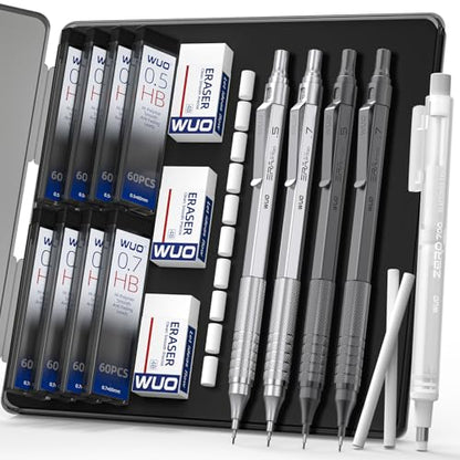 WUO Mechanical Pencils Set, 4-Pack 0.5mm & 0.7mm Metal Drafting Pencils with 480 HB Lead Refills, Precision Eraser Pen, 4B Erasers & Case for Writing, Drawing, Sketching & School, Silver&Grey - color: Silver+Grey