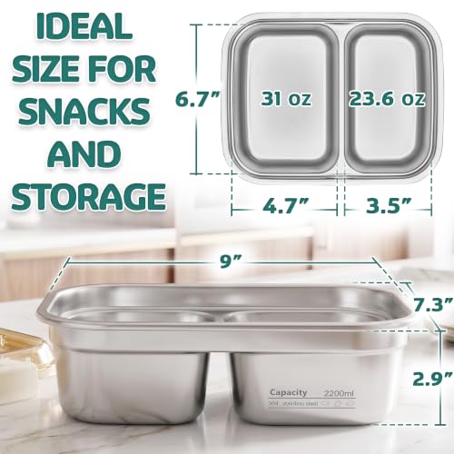 Everusely - Extra Large Stainless Steel Bento Box + Snap Lock Lid - 2 Compartments, 74.5 oz - Hot Food Metal Lunch Box - Leakproof Divided Meal Storage Container- Microwave, Oven, Refrigerator Safe - size: 2200mL