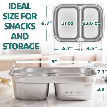 Everusely - Extra Large Stainless Steel Bento Box + Snap Lock Lid - 2 Compartments, 74.5 oz - Hot Food Metal Lunch Box - Leakproof Divided Meal Storage Container- Microwave, Oven, Refrigerator Safe - size: 2200mL