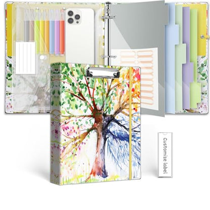3 Ring 1 Inch Binder Organizer, KLLVE Three Ring Binders with Clipboard, 5-Tabs Pockets Dividers, Plastic Folder, 18 Divider Stikers,Pen Loop (Green Tree, Letter Size) - color: Green Tree, size: 1in（Letter Size）