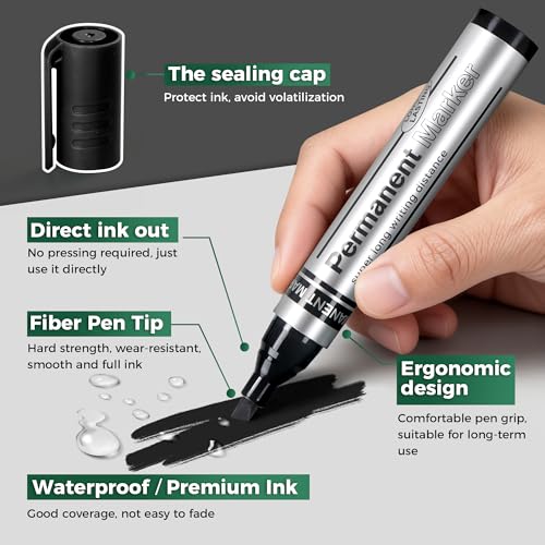 SELEAD Large Permanent Markers Black Red Blue Green - 12 Pack Chisel Tip Waterproof Quick Drying Pens Set for Home, Office, Industrial, Warehouse, Logistics Company