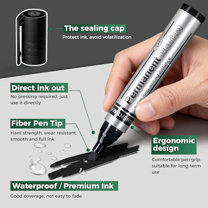 SELEAD Large Permanent Markers Black Red Blue Green - 12 Pack Chisel Tip Waterproof Quick Drying Pens Set for Home, Office, Industrial, Warehouse, Logistics Company