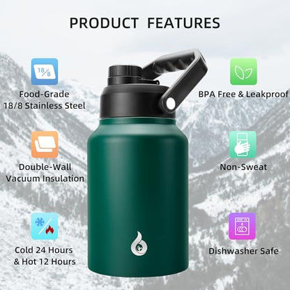 BJPKPK 64 oz Insulated Water Bottle, Dishwasher Safe Half Gallon Water Bottle with Ergonomic Handle, BPA Free Leak Proof Water Jug for Sports, Metal Jug with Anti-slip Bottom, Army Green - color: Army Green, style: 64oz