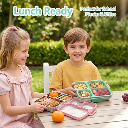 HOMEKOL Stainless Steel Bento Lunch Box 3-Compartment, 4.2Cups, Green | Leak-Proof Metal Lunch Container for Kids & Adults, BPA-Free, Dishwasher Safe, Clear Tritan Lid, 1000ml (Not Insulated) - color: Green, size: 34oz (1000ml)