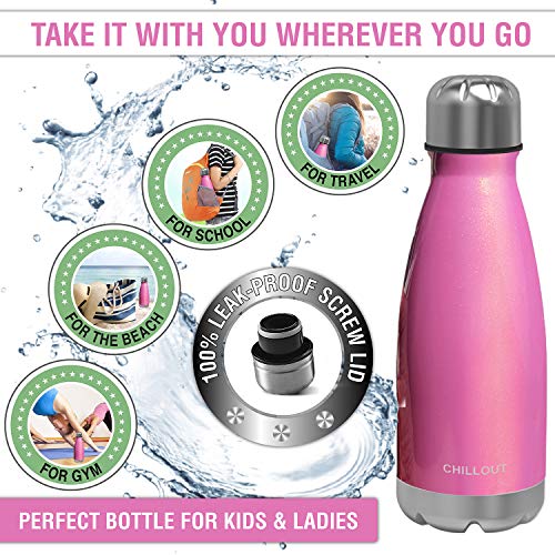 CHILLOUT LIFE 12oz Kids Insulated Stainless Steel Water Bottle, Leak Proof | Small Metal Water Bottle, Keeps Drinks Cold 24H & Hot 12H, Leak-Proof Screw Lid, Perfect for School, Travel & Sports - color: Pink Sparkle
