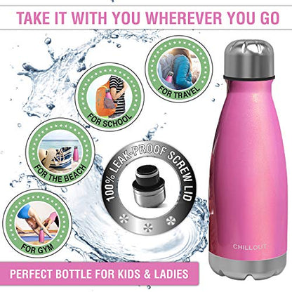 CHILLOUT LIFE 12oz Kids Insulated Stainless Steel Water Bottle, Leak Proof | Small Metal Water Bottle, Keeps Drinks Cold 24H & Hot 12H, Leak-Proof Screw Lid, Perfect for School, Travel & Sports - color: Pink Sparkle