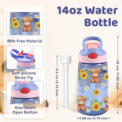 Highland Cow Gifts 14oz Water Bottle with Straw - Leakproof BPA-Free Plastic Pop-Up Spout, Reusable Leak Proof Travel Bottle for Outdoor Sports - color: Cow1