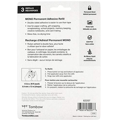 Tombow 62207 MONO Permanent Adhesive Refills, 3-Pack. Easy to Use Refills for a Strong, Instant Bond