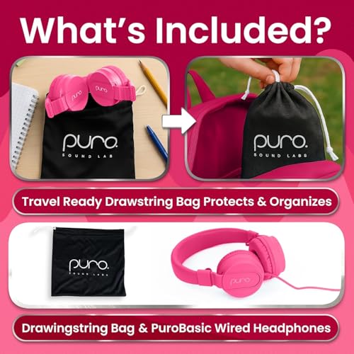 Puro Sound Labs Kids Wired Headphones – Volume-Limiting & Adjustable, Safer & Comfortable Headphones for Kids – Compatible with PCs, Smartphones & Tablets, Ideal for School & Travel – PuroBasic, Pink - color: Pink