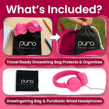 Puro Sound Labs Kids Wired Headphones – Volume-Limiting & Adjustable, Safer & Comfortable Headphones for Kids – Compatible with PCs, Smartphones & Tablets, Ideal for School & Travel – PuroBasic, Pink - color: Pink