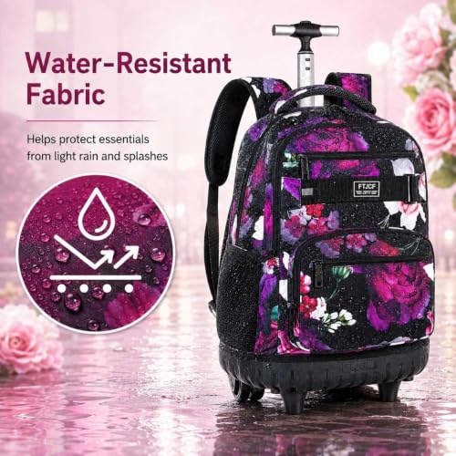 3Pcs Rolling Backpack for Girls, 19 Inche Rose Roller Bag with Wheels, Adults Wheeled Bookbag Set for Women(Black) - color: Rose Black02