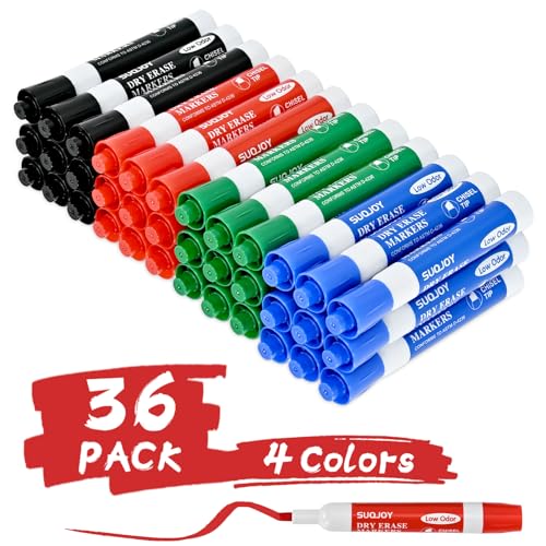 SUQJOY Dry Erase Markers, Chisel Tip Whiteboard Marker, Low Odor Thick Dry Markers, 36 Bulk 4 Assorted Color Markers for office - color: 36 Count 4 Colors