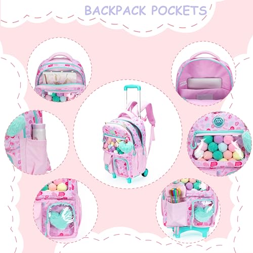 Pink Rolling Backpacks with Wheels for Girls Aesthetic Rolling Backpack for Elementary with Lunch Box School Trolley Backpack for Girls School Supplies - color: Pinklove