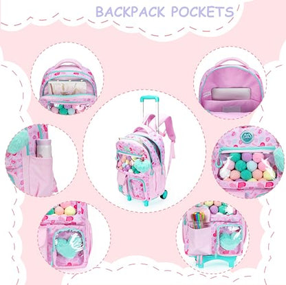 Pink Rolling Backpacks with Wheels for Girls Aesthetic Rolling Backpack for Elementary with Lunch Box School Trolley Backpack for Girls School Supplies - color: Pinklove