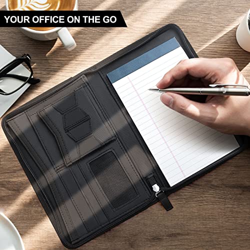 Mini Leather Zippered Padfolio Portfolio Binder 5 x 8 Legal Writing Pad, Professional Business Portfolio for Men & Women, Card Holder, Notepad Clipboard Holder (Black) - size: Black-9.5x6.5x1 inch