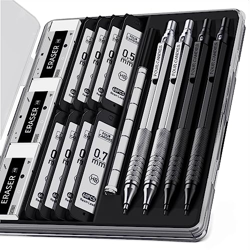Four Candies 4PCS Metal Drafting Mechanical Pencil Set, 0.5mm & 0.7mm Point | 480 Lead Refills, 3 Erasers, 9 Eraser Refills, Storage Case, Smooth Writing, for Sketching, Technical Drawing, Art Projects - color: Silver+Black (4PCS)