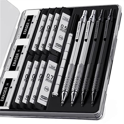 Four Candies 4PCS Metal Drafting Mechanical Pencil Set, 0.5mm & 0.7mm Point | 480 Lead Refills, 3 Erasers, 9 Eraser Refills, Storage Case, Smooth Writing, for Sketching, Technical Drawing, Art Projects - color: Silver+Black (4PCS)