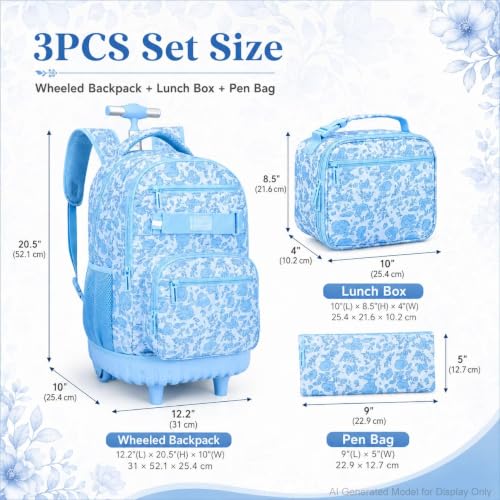 gxtvo Girls Backpack with Wheels, Women Roller Bookbag with Lunch Box for Adults, Water Resistant Wheeled School Bag for College Teens Kids Travel - Blue Flower - color: Girls Rolling Backpack Blue Flower