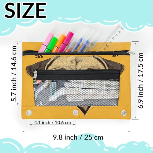 Cute Pug Pencil Pouch for 3 Ring Binder Dog Yellow Pencil Case Bag with Clear Window Zipper Pockets for Kids Girls Boys Students School College Supplies 2 Pack - color: Yellow Brown