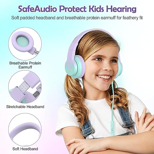 Candy Bila Kids Headphones, Wired Headphones for Kids Over Ear with Microphone, Foldable Headphone for Learning & Entertainment, Gradient Purple - color: Light Purple