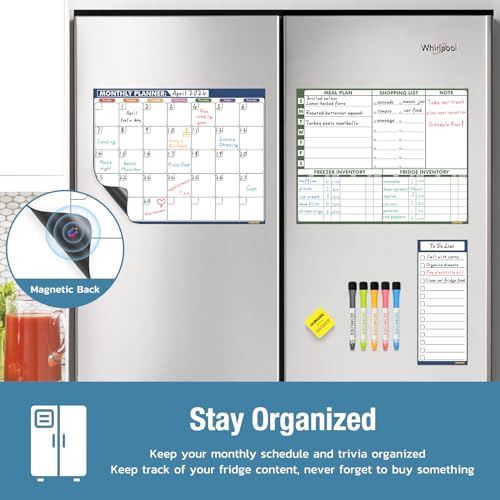 HOMiDEK Magnetic Dry Erase Calendar for Refrigerator, Fridge Whiteboard Calendar Magnet Meal Planner Menu Board with Magnetic list, Dry Erase Markers and Eraser - 14 x 11 Inches - size: 11"W x 14"H, style: Monthly Planner + Meal Planner