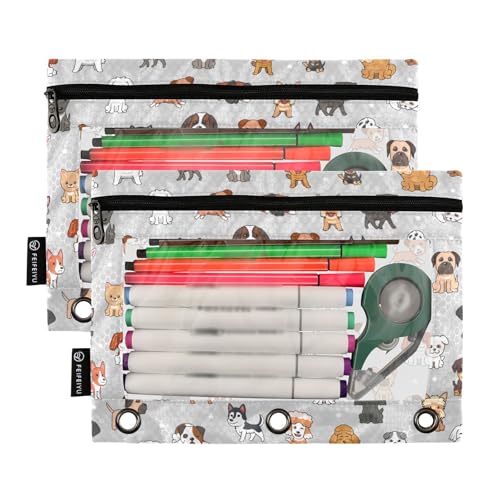 Cute Dog Pencil Pouch for 3 Ring Binder, Binder Pencil Pouches with Clear Window Zipper Pencil Case for Office College Supplies, 2PCS (B0319) - color: B0319