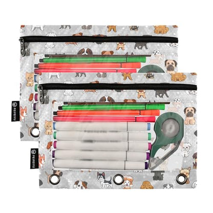 Cute Dog Pencil Pouch for 3 Ring Binder, Binder Pencil Pouches with Clear Window Zipper Pencil Case for Office College Supplies, 2PCS (B0319) - color: B0319