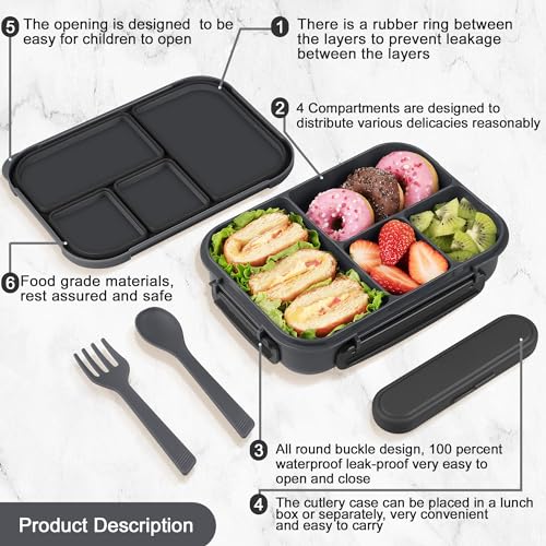Amathley Lunch Box Kids,Bento Box Adult,Leakproof Lunch Containers for Adults/Kids/Toddler,1200ML-4 Compartments bento Lunch box with Utensil,Microwave & Dishwasher & Freezer Safe (Dark Gray) - color: Dark Gray
