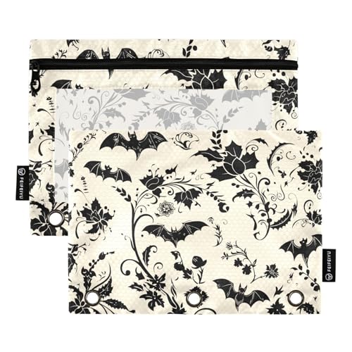 2 Pack 3 Ring Binder Pencil Pouch Goth Bats Pencil Case Pencil Bags with Zipper, Clear PVC Binder Pockets for Office Daily Supplies - color: Color 14