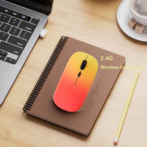 LED Wireless Mouse, Slim Silent Dual-Mode 2.4G+BT Rechargable 7-Color Portable Mobile Optical Office Mouse with USB Receiver, 3 Adjustable Levels for Notebook, PC, Computer, MacBook (Sunset red) - color: Sunset red