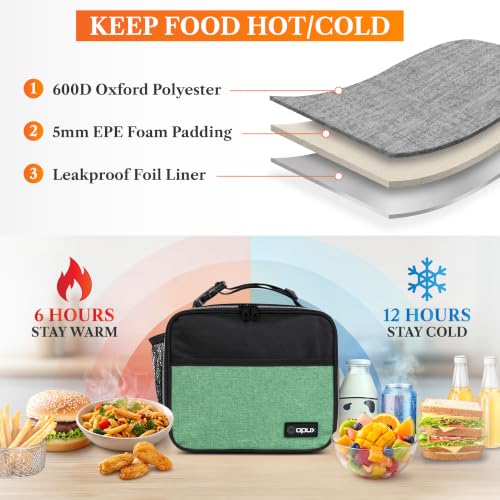 opux Insulated Lunch Bag for Kids, Reusable Lunch Box for School with Leakproof Lining, Compact Soft Cooler Tote for Boys & Girls, Front Pocket, Mesh Side Bottle Holder (Heather Green) - color: Heather Green