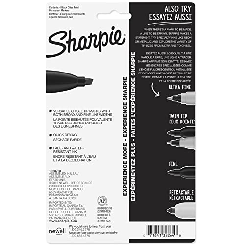SHARPIE Permanent Markers, Large, Chisel Tip, Black,Marks on Paper, Plastic, Metal, and More, 4 Count (Pack of 2) - size: 4 Count (Pack of 2)