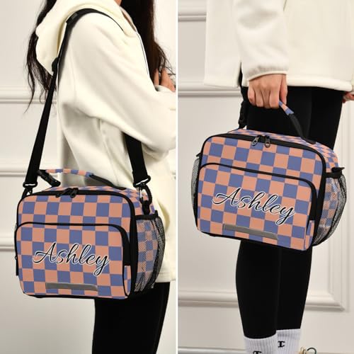 Custom Student Lunch Bag for Boys Girls Orange Blue Checkered Personalized Lunch Box With Name Insulated Cooler Bag for School Picnic Travel - color: Multi12