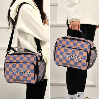 Custom Student Lunch Bag for Boys Girls Orange Blue Checkered Personalized Lunch Box With Name Insulated Cooler Bag for School Picnic Travel - color: Multi12