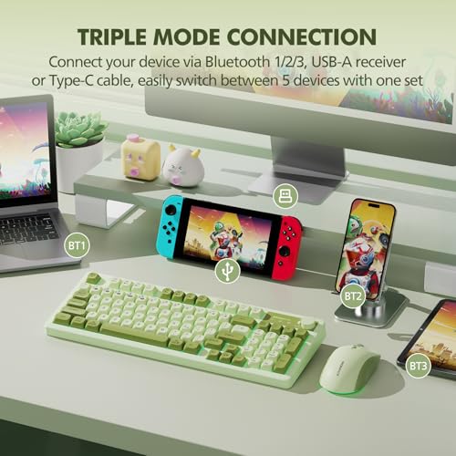 Wireless Keyboard and Mouse Combo Creamy with Number Pad for Desktop Mac iPad Bluetooth/2.4ghz/Wired Rechargeable Light up RGB Quiet Compatible with PC Laptop Tablet (Green) - color: Green