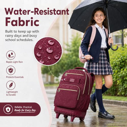 HPJGD 3PCS Girls Rolling Bookbag, Womens Wine Red School Backpacks with Wheels, Water Resistant Roller Kids Wheeled Bookbag Set - color: Classic Wine Red Rolling Backpack Set
