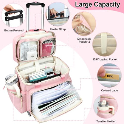 SIYNPAV 5-Wheeled Rolling Teacher Bag with Detachable Trolley, 15.6 Inch Laptop Sleeve & Accordion File Organizer, Large Capacity Teacher Tote with Cup Holder for School Office, Pink