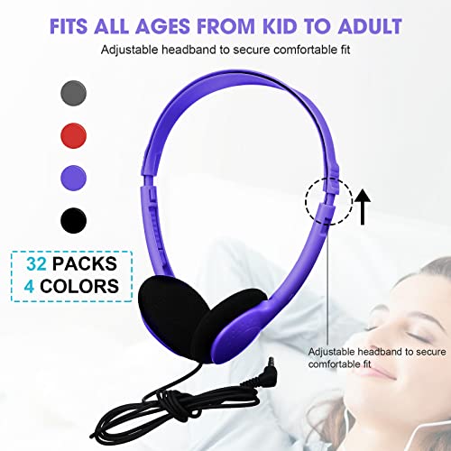 Konohan 32 Pack Headphones Bulk for School Student Classroom Set of Headphones Wire Headset Adjustable with 3.5 mm Jack for Adult (Red,Purple,Gray,Black) - color: Red, Purple, Gray, Black