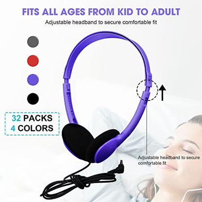 Konohan 32 Pack Headphones Bulk for School Student Classroom Set of Headphones Wire Headset Adjustable with 3.5 mm Jack for Adult (Red,Purple,Gray,Black) - color: Red, Purple, Gray, Black