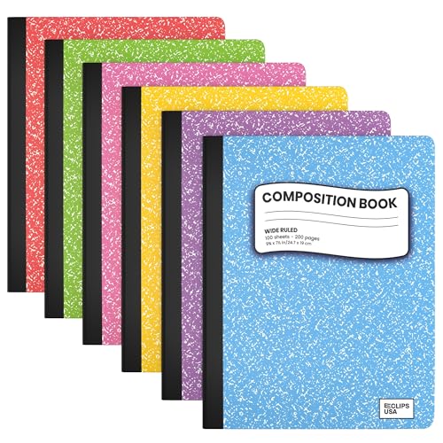 E-CLIPS USA Wide Ruled Composition Notebook Wide Ruled Hardcover Notebooks for School Supplies Notebooks Bulk Hardcover Notebook Pastel 100 Sheets 200 Pages 9.75” x 7.25” (6 Pack, Wide Ruled) - size: 6 Pack