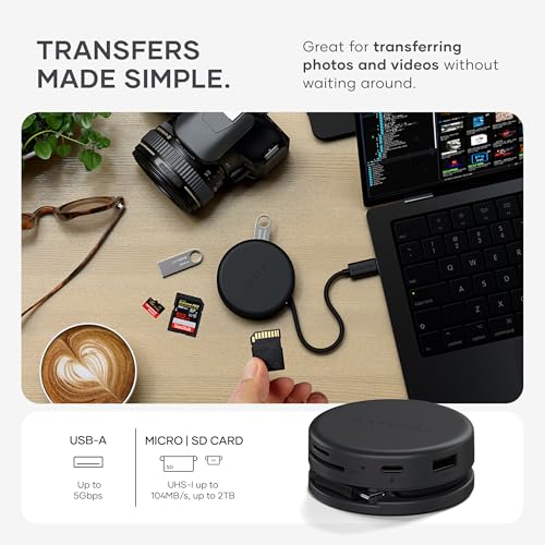 Satechi OntheGo 7-in-1 USB-C Hub, Compact Magnetic Multiport Adapter, 100W PD, HDMI 4K/60Hz, Gigabit Ethernet, 2×USB-A 5Gbps, SD/microSD Reader, Coiled Cable, for Mac & Windows – Space Black