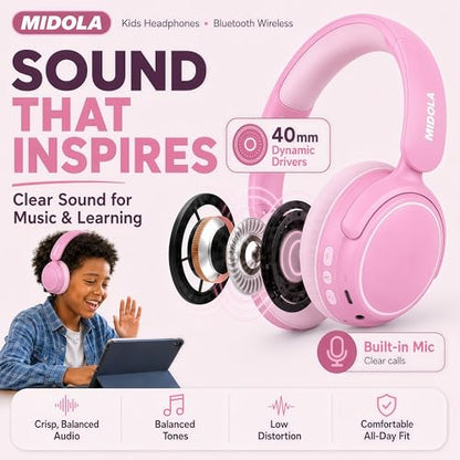 MIDOLA Active Noise Cancelling Kids Bluetooth Headphones,68H Play Time,Lightweight Wireless Foldable Over-Ear Headphone for Kid Toddler,Volume Limited 85/94dB,Headsets with Built-in Mic Pink - color: Pink