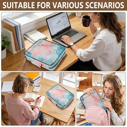 ALAZA Blue Teal Pink Marble Zipper Binder with Handle, 7-Pocket Expanding File Folder, Detachable 3-Ring Binder, File Organizer for Home Office Work A4 Letter Size Paper Document
