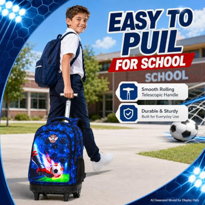 CCJPX 3PCS Rolling Backpack for Boys, 21 Inch Soccer Water Resistant Backpacks with Roller Wheels, Football Wheeled Bookbag for Teens Elementary School Travel-Blue - color: Rolling Soccer Black