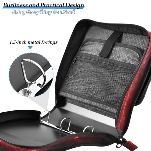 Red Lightning Zipper Binder 3 Ring with Shoulder Strap and Handle Multiple Pockets Expanding File Folder Organizer