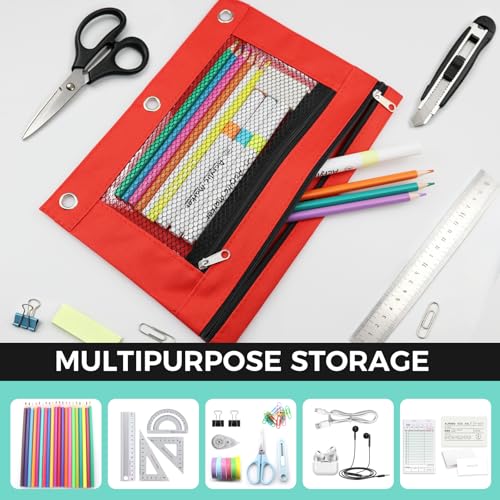 3 Ring Pencil Pouch for Binder, 2-Pocket Zipper Pencil Case with Clear Window & Mesh Pocket, 600D Oxford Fabric Binder Pouch for School Office Supplies, Fits Standard 3-Ring Binders, Red - color: Red