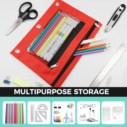 3 Ring Pencil Pouch for Binder, 2-Pocket Zipper Pencil Case with Clear Window & Mesh Pocket, 600D Oxford Fabric Binder Pouch for School Office Supplies, Fits Standard 3-Ring Binders, Red - color: Red